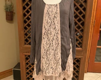 Indigo Soul Boho Cottage Core Lace Panel Tunic Dress Top Womens XL