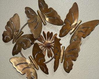 Vintage MCM Brass Butterflies & Copper Flower Wall Hanging 3-D Décor