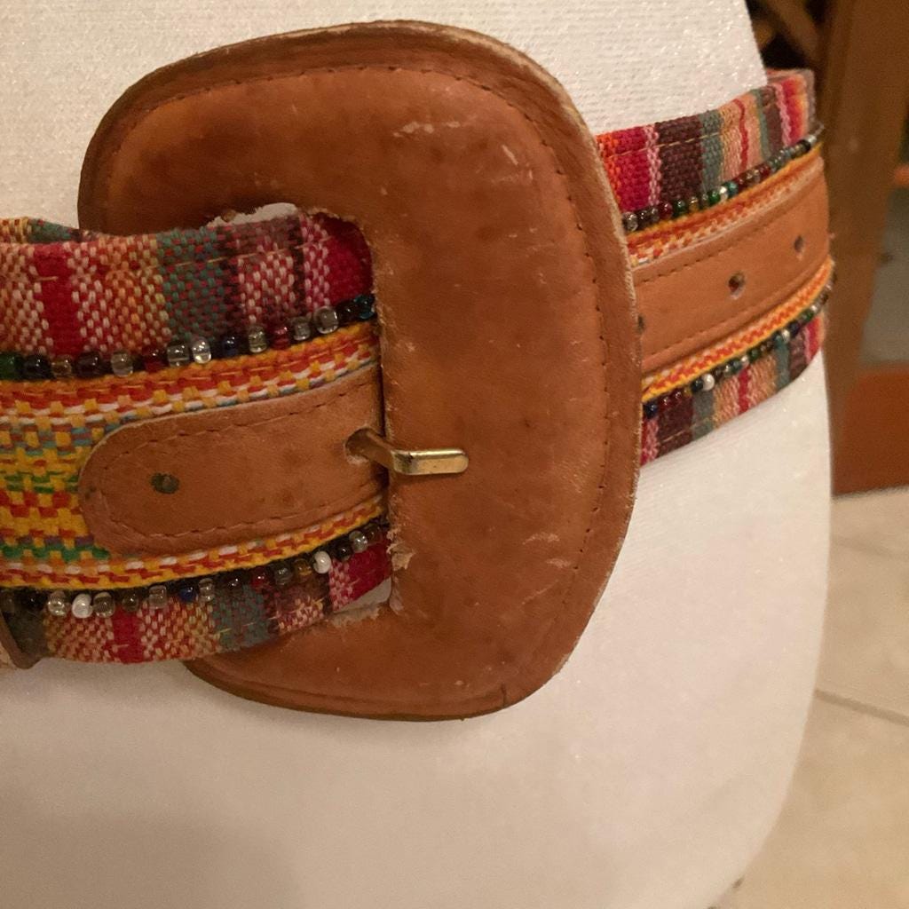 Vintage Ginnie Johansen Leather Fabric Bead Embellished Belt  display picture 1