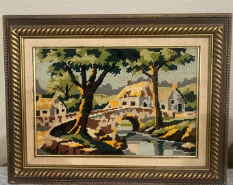 Vintage Frame Crewel Embroidery Textile Village Scene!