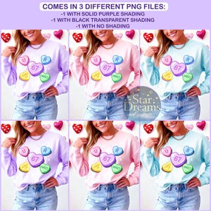 Op de afbeelding: Zes sweatshirts in pastelkleuren, lavendel, roze en lichtblauw, worden getoond. Elk heeft een hartvormige afbeelding met de woorden "U R 67 SWEET". De afbeelding bevat ook de tekst "COMES IN 3 DIFFERENT PNG FILES".