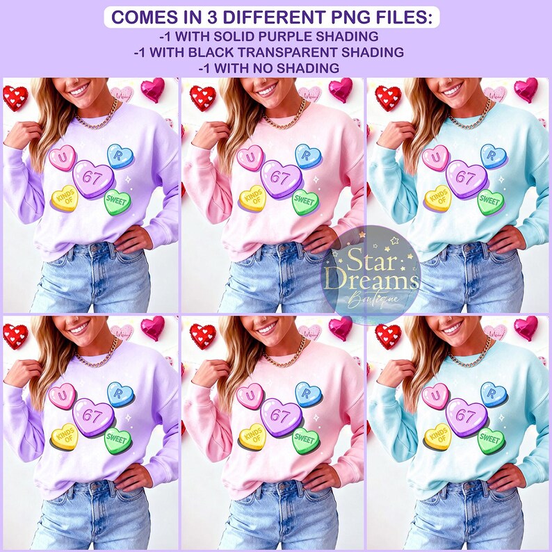 Op de afbeelding: Zes sweatshirts in pastelkleuren, lavendel, roze en lichtblauw, worden getoond. Elk heeft een hartvormige afbeelding met de woorden "U R 67 SWEET". De afbeelding bevat ook de tekst "COMES IN 3 DIFFERENT PNG FILES".