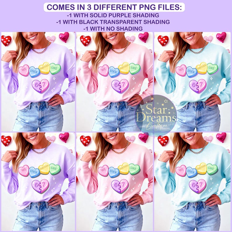 Pu&ograve; includere: Una collezione di felpe in vari colori pastello, ognuna con un design di cuori di caramelle con frasi come "WE STICK TOGETHER LIKE" e un pezzo di puzzle con il numero "67". L'immagine include anche il testo "COMES IN 3 DIFFERENT PNG FILES".