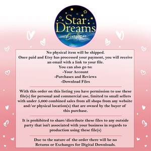 Pu&ograve; includere: Grafica rosa e bianca con il testo "Star Dreams Boutique" in un design circolare. Il testo fornisce informazioni sui download digitali, comprese le autorizzazioni d'uso e le politiche di reso. Cuori sono sparsi attorno al bordo.