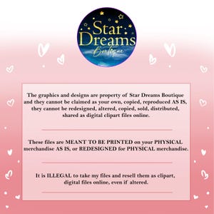 Pu&ograve; includere: Uno sfondo rosa con forme di cuore bianche e testo. L'immagine presenta un logo circolare con le parole "Star Dreams Boutique". Il testo sottostante afferma che la grafica &egrave; di propriet&agrave; di Star Dreams Boutique e non pu&ograve; essere rivenduta.