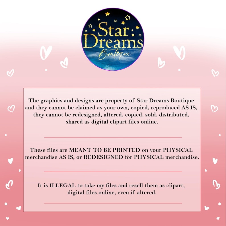 Pu&ograve; includere: Uno sfondo rosa con forme di cuore bianche e testo. L'immagine presenta un logo circolare con le parole "Star Dreams Boutique". Il testo sottostante afferma che la grafica &egrave; di propriet&agrave; di Star Dreams Boutique e non pu&ograve; essere rivenduta.
