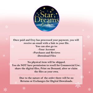 Op de afbeelding: Afbeelding voor een digitaal downloadproduct met het Star Dreams Boutique-logo, een cirkelvormig ontwerp met gouden tekst en een blauw-witte achtergrond. Tekst op de afbeelding bevat instructies voor digitale downloads en gebruiksvoorwaarden.