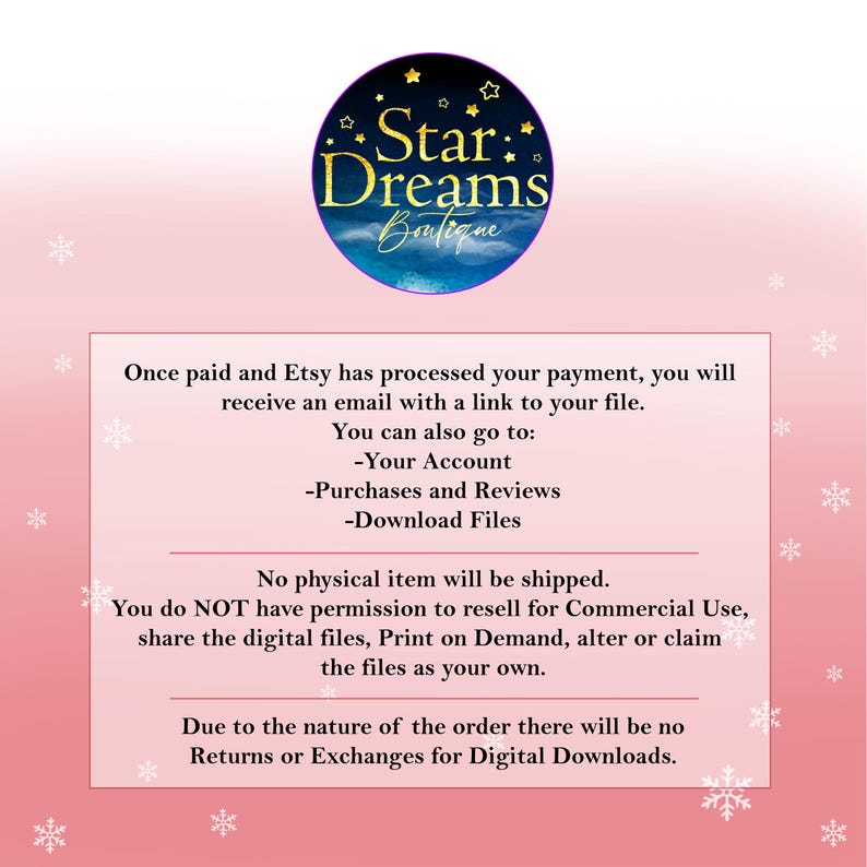 Op de afbeelding: Afbeelding voor een digitaal downloadproduct met het Star Dreams Boutique-logo, een cirkelvormig ontwerp met gouden tekst en een blauw-witte achtergrond. Tekst op de afbeelding bevat instructies voor digitale downloads en gebruiksvoorwaarden.