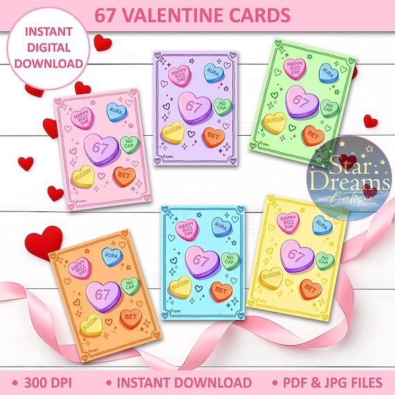67 Kids Gen Z Slang Valentine Cards | Candy Hearts Printable Valentine's Day Class School Cards | Instant Digital Download