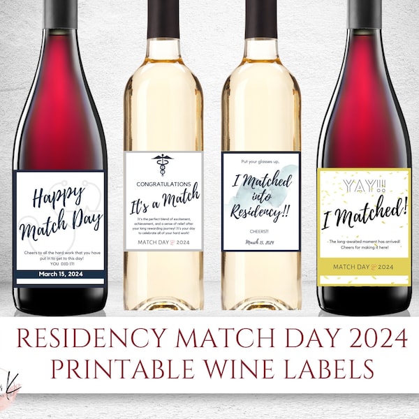 Residency Match Day 2024 Printable Wine Labels  Instant Download Virtual Match Party Residency Gift