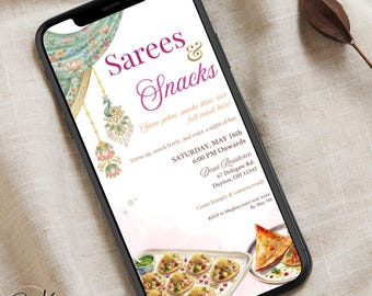 Plantilla editable de invitación para fiesta india, invitación para fiesta de saris, invitación para noche de chicas indias, invitación en hinglish, editable en Canva, saris y aperitivos.