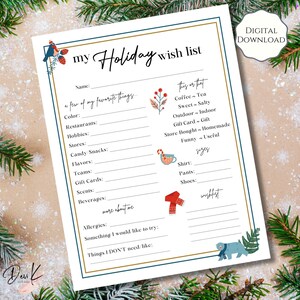 Weihnachts-Wunschliste, druckbare Geschenk-Wunschliste, geheimer Nikolaus-Fragebogen, Büro-Party-Geschenk, Weihnachts-Party-Geschenk-Austausch-Ideen, PDF