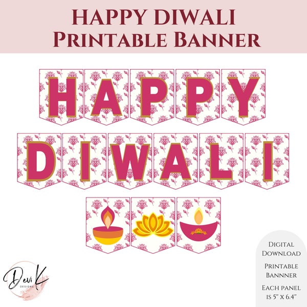 Happy Diwali Printable Banner 2023, Deepavali Celebration, Diwali Party Decorations, Banner, Bunting for Home Decoration, Diyas, Download