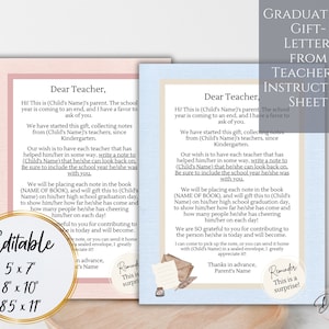 Plantilla imprimible de cartas de maestros para el libro de graduación (editorial editable, azul y rosa). Instrucciones para la carta del maestro, regalo de graduación, recuerdo.