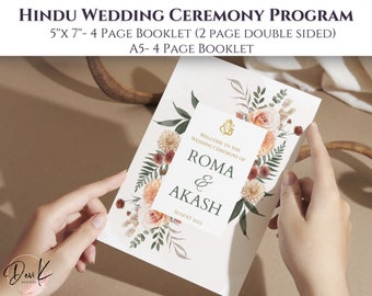 Redigerbar mall för hinduisk bröllopsprogramguide, höstblommor, indiskt bröllopsprogram, gujaratibröllop, terrakottablommor