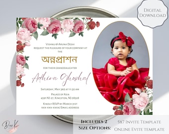 First Rice Ceremony Annaprashan Invitation Template, Peonies, Annaprasana Invitation, Pasni, Evite, Photo Invitation, Bangla Hindi, Download