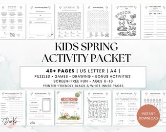 Hojas de actividades para niños para las vacaciones de primavera, más de 40 rompecabezas imprimibles, juegos de ingenio, juegos para viajes por carretera, diario de viaje y conjunto de actividades para viajes.
