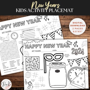 Kids New Year Activity Placement Sheets, 2 Pages Letter Size, Kids New Years Eve Games and Coloring, Craft & Keepsake, Kids Coloring Page