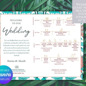 May include: A wedding invitation featuring a colourful floral design and a detailed itinerary for a multi-day event. The invitation includes the names Roma & Akash, the date, and a list of events including a brunch, ceremony, and reception. The text "Wedding Guest Note & Multiday Event Itinerary 10" x 8" is at the top of the invitation.