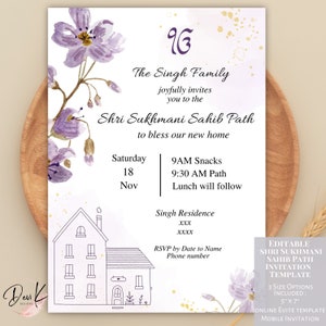 May include: A white invitation card with purple watercolor flowers and gold glitter. The text reads "The Singh Family joyfully invites you to the Shri Sukhmani Sahib Path to bless our new home. Saturday 18 Nov 9AM Snacks 9:30 AM Path Lunch will follow Singh Residence XXX XXXX RSVP by Date to Name Phone number EDITABLE SHRI SUKHMANI SAHIB PATH INVITATION TEMPLATE 3 SIZE OPTIONS INCLUDED: 5" X 7" ONLINE EVITE TEMPLATE MOBILE INVITATION"