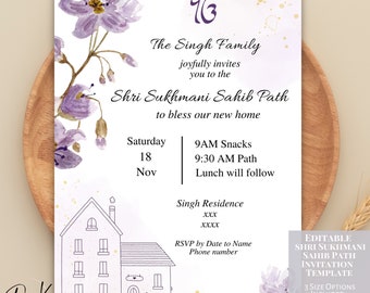 Editable Shri Sukhmani Sahib Path Invitation Template, Akhand Paath, Shri Sukhmani Sahib Paath Digital Invitation, Sikh Invitations, Floral