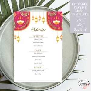 Bewerkbare feestelijke levendige lantaarn menusjabloon, diwali, bruiloftsreceptiemenu, brunch lunch dinermenu afdrukbaar, Zuid-Aziatisch