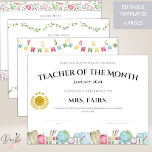 Teacher of the Month Award Certificate, Editable Template, Teacher ...