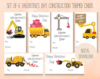 Printable Construction Kids Valentines Day Cards, Construction Valentines, Set of 6, Classroom Valentines, Instant Download