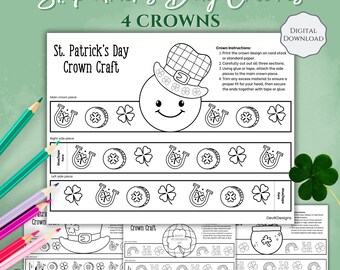 Corona imprimible para el Día de San Patricio para niños, 4 diademas para colorear, manualidades de marzo, un Día de San Patricio genial, descarga digital