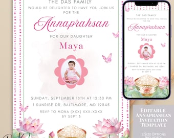 Plantilla de invitación para la primera ceremonia del arroz / Mariposa rosa de loto Annaprashan / Invitación con foto / Pasni Annaprasan Evite Descargar