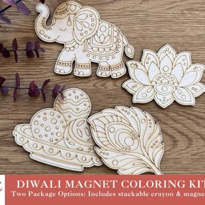 May include: A set of four laser-cut wooden shapes for coloring, including an elephant, a lotus flower, a bowl of sweets, and a peacock feather. The kit includes a multi-colored stackable crayon. Text on the image reads: DIWALI MAGNET COLORING KIT.