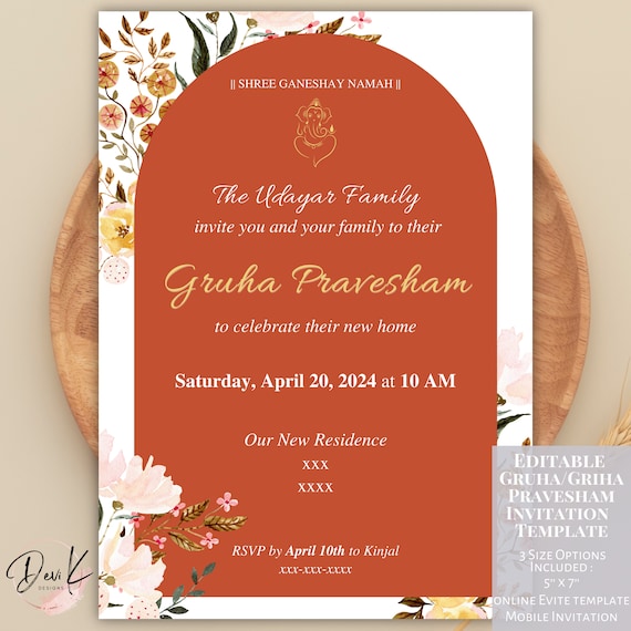 Gruha Pravesham Editable Invitation Template, Griha Pravesh Invitation, Vaastu Pooja Invite Card, Indian Housewarming, Pooja Invitation