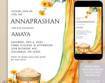 First Rice Ceremony Invitation Template | Yellow Floral Annaprashan | Pasni Annaprasan Evite Download