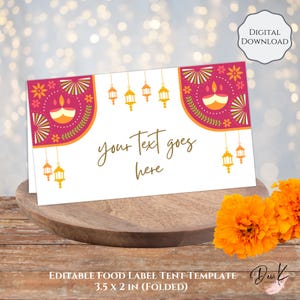 Modelo editável de cartão de lugar com lanterna vibrante e festiva, cartão dobrável para etiqueta de comida, Diwali, cartão de visita, placas de buffet, sul da Ásia
