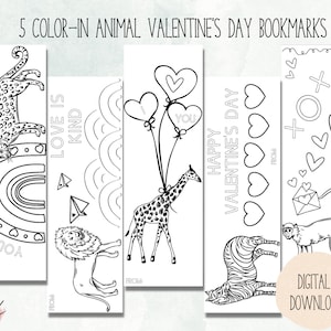 Druckbare Tier Valentinstag Färbung Lesezeichen, 5er Set, Kindergarten Klassenzimmer Valentines, Kleinkind Valentines, Sofort Download
