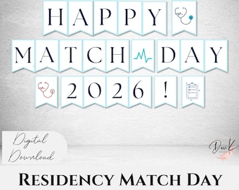Banner stampabile Happy Match Day 2026, blu, Residency Match Day, festa virtuale della scuola di medicina, download immediato