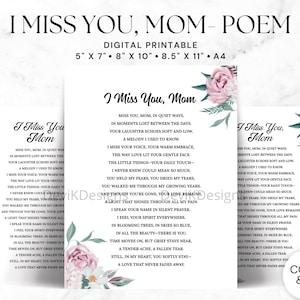 Gedicht I Miss You Mom, herdenkingsgedicht, gedicht verlies van moeder, begrafenisgedicht voor moeder, verlies van moeder, verdriet, aandenkengedicht, Instant Download