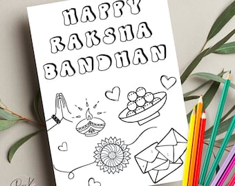 Tarjeta para colorear Raksha Bandhan imprimible, tarjeta Rakhi para niños, actividades de fiesta Rakhi, tarjeta navideña hindú, descarga digital instantánea