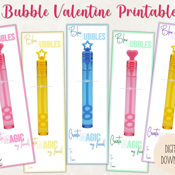 Bubble Valentine Printable, Bubble Wand Holder, Kids Valentines Day, Pastel, Classroom Valentines, Instant Download