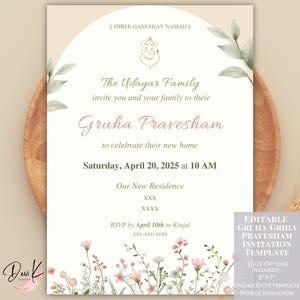 Wildflower Gruha Pravesham bewerkbare uitnodigingssjabloon, Griha Pravesh-uitnodiging, Vaastu Pooja-uitnodigingskaart, Indiase housewarminguitnodiging