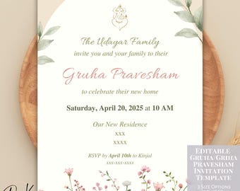 Wildflower Gruha Pravesham Editable Invitation Template, Griha Pravesh Invitation, Vaastu Pooja Invite Card, Indian Housewarming Invitation