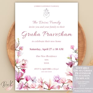Gruha Pravesham Editable Invitation Template, Griha Pravesh Invitation, Vaastu Pooja Invite Card, Indian Housewarming, Pooja Invitation