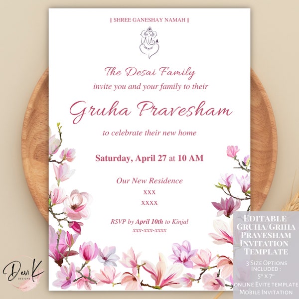 Gruha Pravesham Editable Invitation Template, Griha Pravesh Invitation, Vaastu Pooja Invite Card, Indian Housewarming, Pooja Invitation