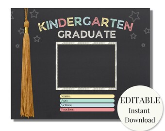 May include: Editable kindergarten graduation photo template featuring a black chalkboard background, colourful stars, a gold tassel, and a frame for a photograph. The text "KINDERGARTEN GRADUATE" is written in colourful letters. The template includes fields for the graduate's name, age, school, and teacher.