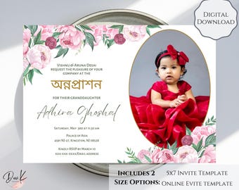 Annaprashan Invitation Template, First Rice Ceremony, Pink Floral, Annaprasana Invitation, Evite Mobile Invitation, Pasni, Download