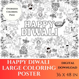 LARGE Happy Diwali Coloring Poster Tablecloth, Diwali Children Activity, Big Coloring Page, Diwali Decor, 36&#39;&#39; x 48&#39;&#39; Printable Download
