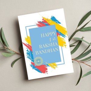 Feliz 1a tarjeta Raksha Bandhan, tarjeta Rakhi azul colorida, tarjeta de hermano y hermana imprimible, descarga digital instantánea Rakhi