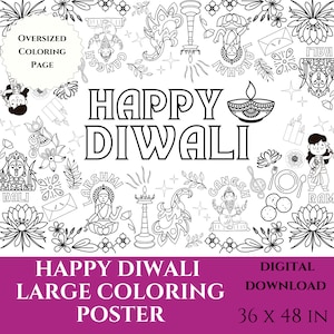 LARGE Happy Diwali Coloring Poster, Diwali Children Activity, Coloring Page, Diwali Indian Decor, 36'' x 48'' Printable, Digital Downloadg
