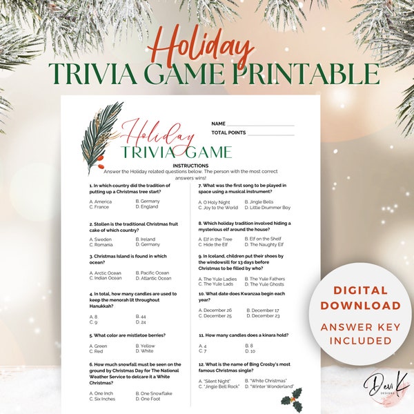 Holiday Trivia Game Printable, Group Party Game, Family Game Night, Holiday Game, Christmas Friends Family Game Fun, Multi-Cultural Trivia