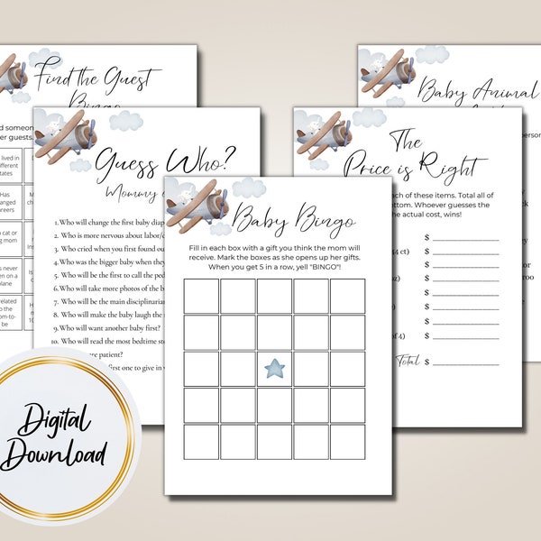 Set of 5 Printable Elephant Airplane Baby Shower Games, Baby Boy Gender Reveal, Baby Bingo, Instant Download